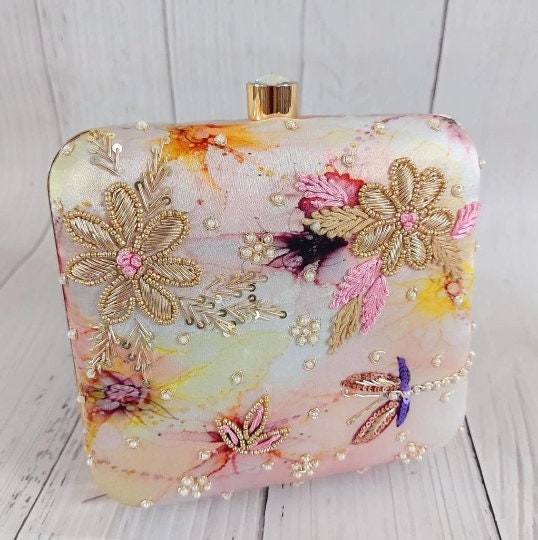 Floral White Pastel Gold Evening Clutch