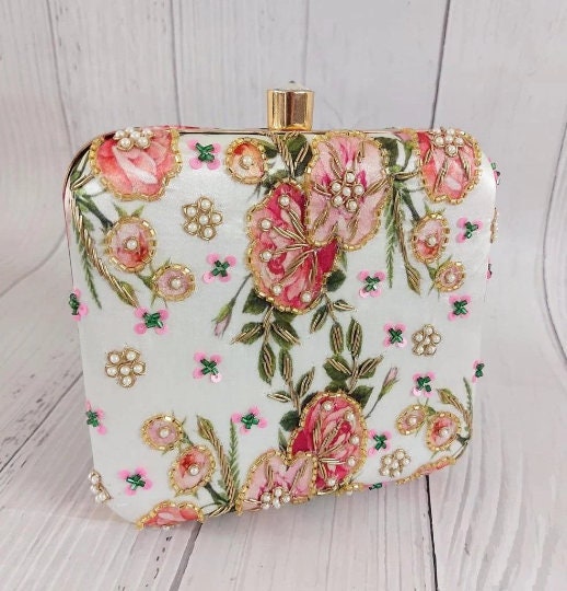 Floral White Pastel Gold Evening Clutch