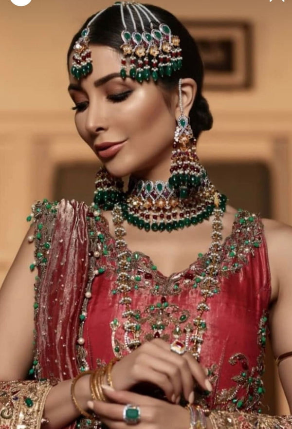 Joyería nupcial india/gargantilla nikkah verde dorado/joyería de boda paquistaní/passa multicolor/conjunto nupcial con tikka jhumka jhumar/gargantilla walima