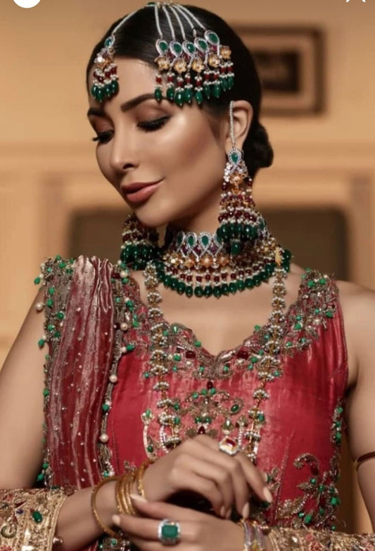 Joyería nupcial india/gargantilla nikkah verde dorado/joyería de boda paquistaní/passa multicolor/conjunto nupcial con tikka jhumka jhumar/gargantilla walima  MerakeJewelry