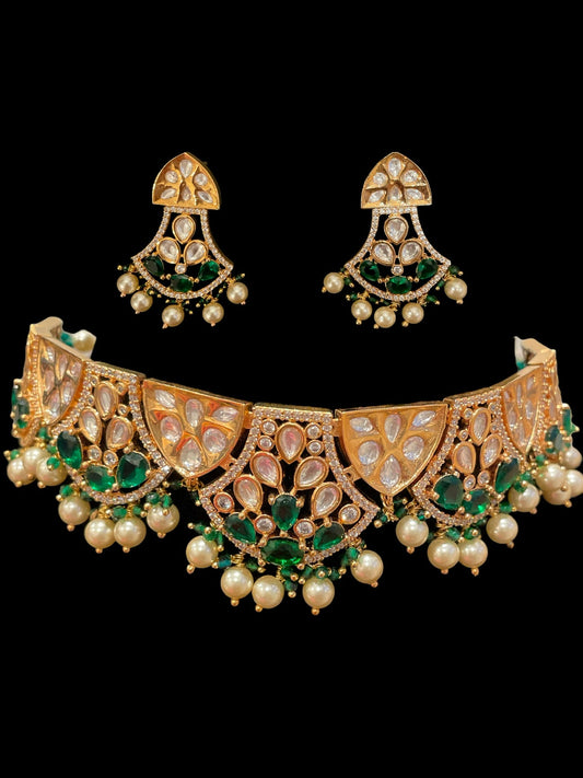 joyería sabyasachi/collar polki sin cortar/collar de oro esmeralda con pendientes/gargantilla Kundan moderna/joyería nupcial india/gargantilla semipreciosa  MerakeJewelry