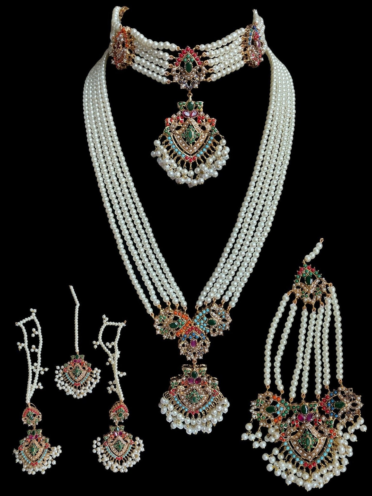Sabyasachi Bollywood Jewelry/Kundan Pearl nauratan set/Collar nupcial indio/Long haar con gargantilla tikka/Wedding passa Jewelry/Polki set