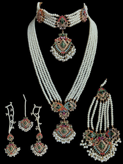 Sabyasachi Bollywood Jewelry/Kundan Pearl nauratan set/Collar nupcial indio/Long haar con gargantilla tikka/Wedding passa Jewelry/Polki set