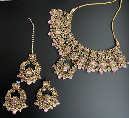 Indian bridal red set/pink polki choker with tikka/maroon ruby necklace/Pink Indian choker/wedding shaadi dulhan/Sabyasachi necklace