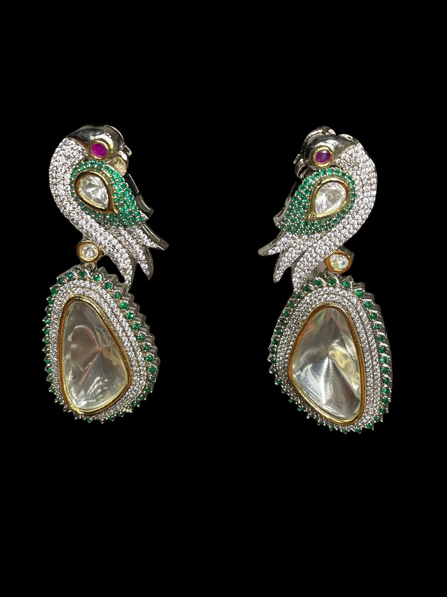uncut polki earrings/Long silver diamond jhumka/american diamond earring/cz emerald earring/sabyasachi tyaani modern earring/wedding white