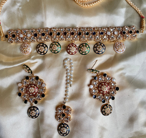 multi color gold indian choker with tikka/pakistani bridal set/Pink Indian polki Choker/simple antique neckace/Sabyasachi bollywood set