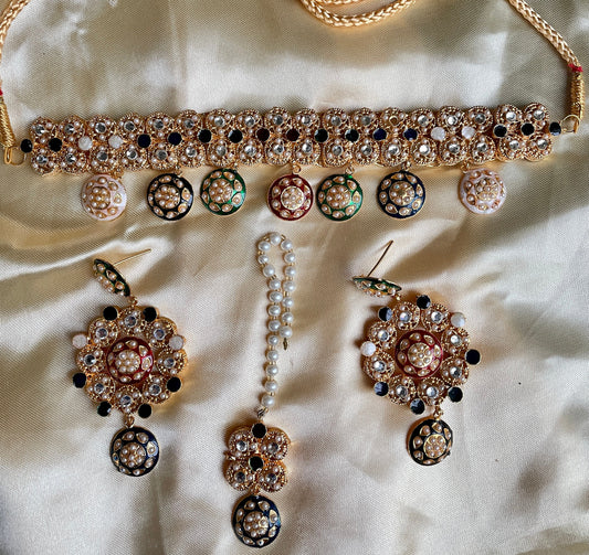 gargantilla india de oro multicolor con tikka/conjunto nupcial paquistaní/gargantilla polki india rosa/cuello antiguo simple/conjunto de bollywood Sabyasachi  MerakeJewelry