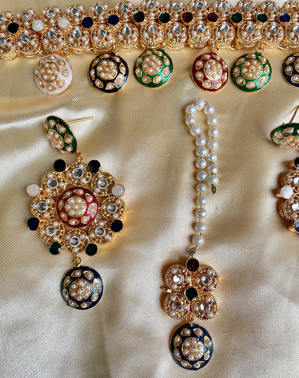 gargantilla india de oro multicolor con tikka/conjunto nupcial paquistaní/gargantilla polki india rosa/cuello antiguo simple/conjunto de bollywood Sabyasachi