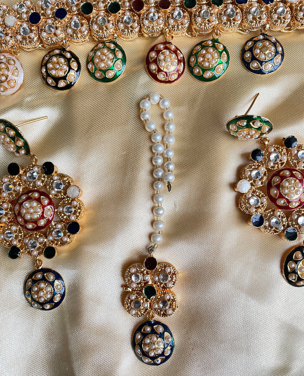 multi color gold indian choker with tikka/pakistani bridal set/Pink Indian polki Choker/simple antique neckace/Sabyasachi bollywood set