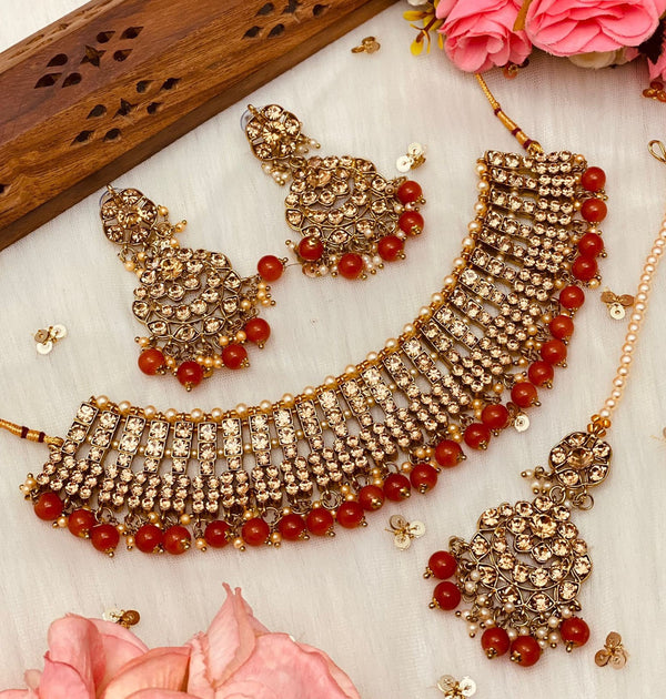 Indian red maroon bridal choker/wedding cz necklace/Punjabi wedding jewelry/Pakistani necklace jhumka/sabyasachi necklace/antique gold set