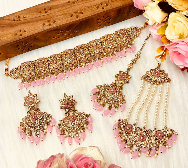 Indian Diamond Choker with Pearl/CZ Necklace Set/Pakistani jewelry passa tikka/Temple Necklace/Simple American Diamond Choker Set/silver set