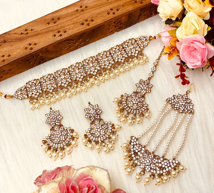 Gargantilla de diamantes india con conjunto de collar de perlas/CZ/joyería paquistaní passa tikka/collar de templo/conjunto de gargantilla de diamantes americano simple/conjunto de plata