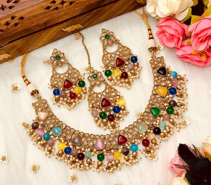 Conjunto nupcial indio/conjunto kundan multicolor rosa/joyas indias/gargantilla polki rosa/collar nupcial sabyasachi con conjunto de gargantilla tikka/champán