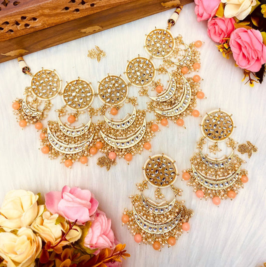 Indio simple beige nupcial/gris kundan gargantilla tikka set/Polki collar paquistaní/boda joyería semi nupcial/collar Sabyasachi chandbali  MerakeJewelry