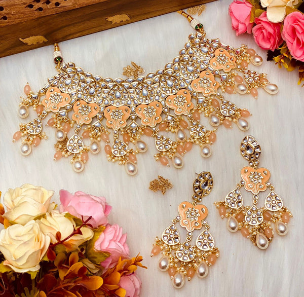 Indian pink semi bridal choker/vintage boho kundan Set/Gold Pakistani choker/Sabyasachi necklace/handmade unique gift jewelry/polki set