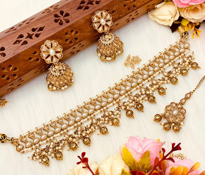 Indian Gold Diamond Choker with jhumka tikka/pakistani Bridal wedding necklace/polki sabyasachi jewelry/Light thin Simple bronze choker set