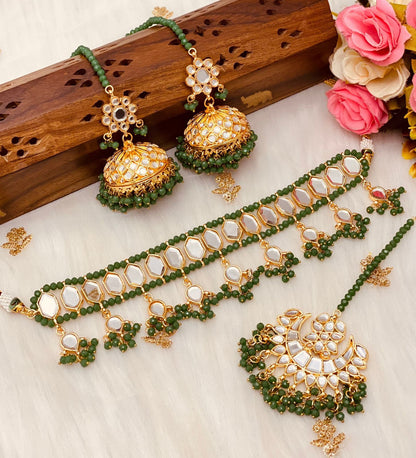 Indian Mirror Choker/Gold Green simple kundan set/pakistani necklace with jhumka tikka/Bridal nikkah jewelry/Pearl Bead white choker shisha