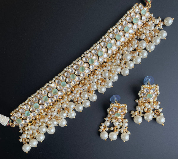 Indian Pearl Kundan Choker with small jhumka/Pakistani Jewelry Necklace/Nikkah Choker/Punjabi Jewelry/Mint Gold Uncut Polki Choker/Pink