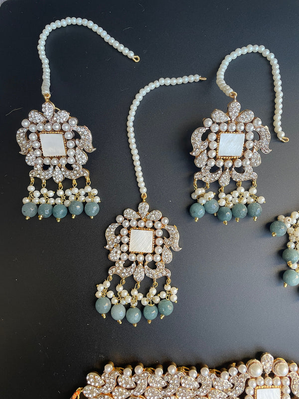 Indian bridal powder blue set/Silver white kundan/Nikkah jewelry/blue pakistani choker/blue silver Polki Choker/Sabyasachi necklace/Passa