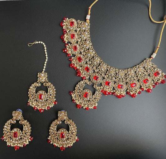 Conjunto rojo nupcial indio/gargantilla polki rosa con tikka/collar de rubí granate/gargantilla india rosa/boda shaadi dulhan/collar Sabyasachi  MerakeJewelry