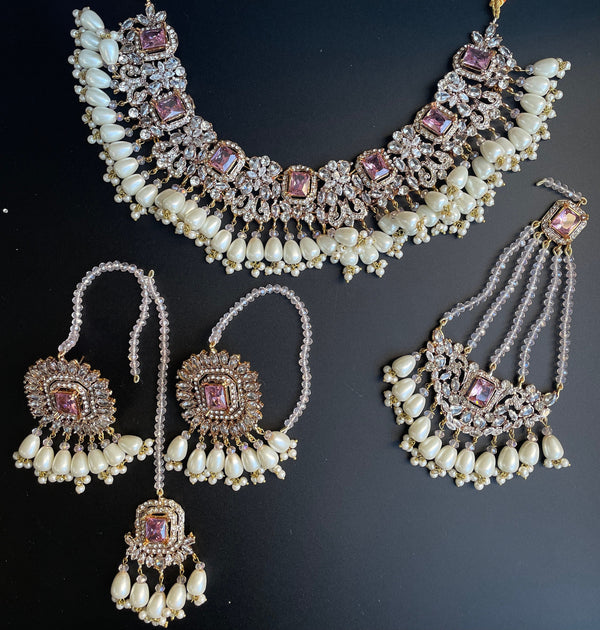 Gargantilla de perlas indias rosas/conjunto de diamantes nikkah pakistaní/joyería Kundan/gargantilla india moderna pastel/collar de plata de menta azul/Passa Jhoomer