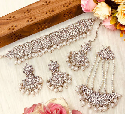 Indian Diamond Choker with Pearl/CZ Necklace Set/Pakistani jewelry passa tikka/Temple Necklace/Simple American Diamond Choker Set/silver set