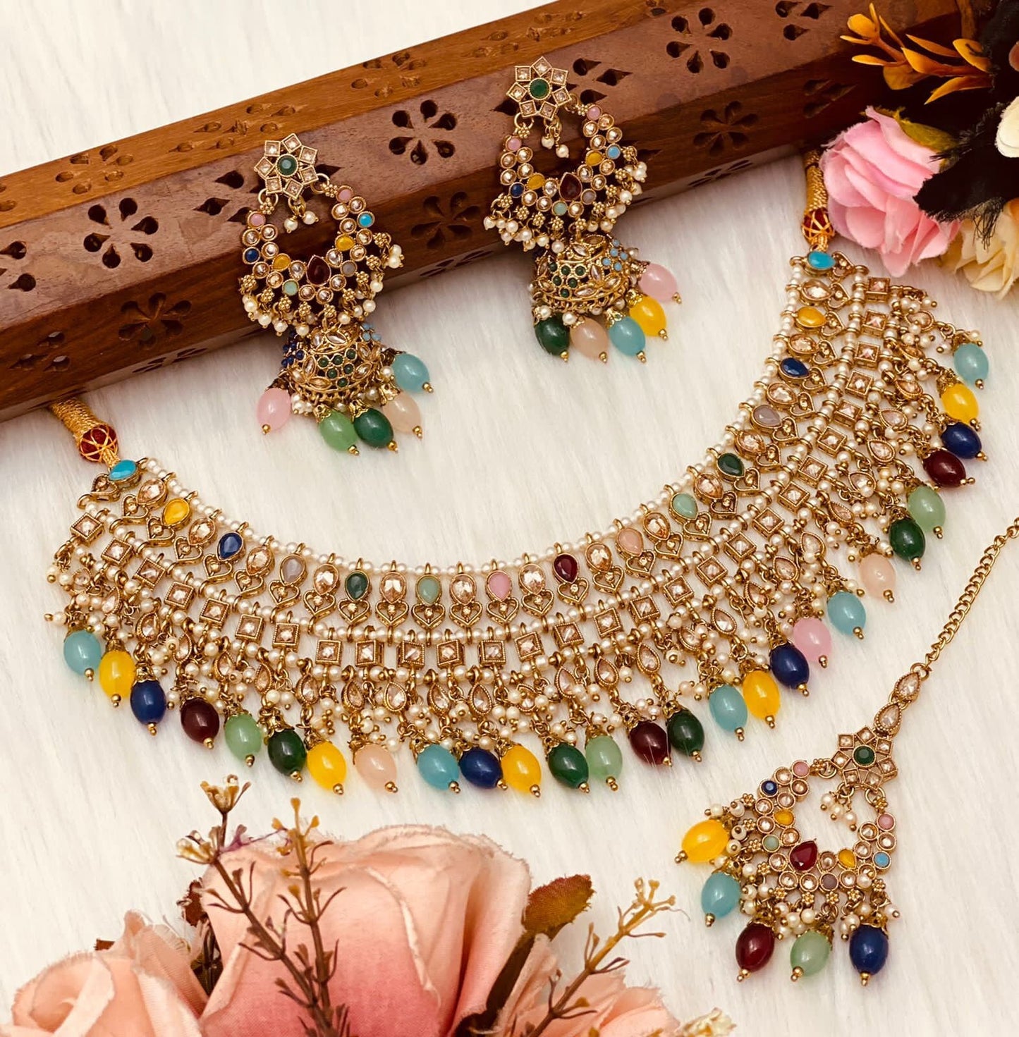 Indian multi color semi bridal choker/Nikkah bright jewelry/Pink polki Indian choker/Pakistani Necklace & tikka/punjabi jewellery/Sabyasachi