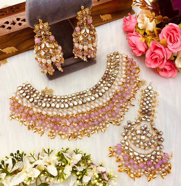 Gargantilla de espejo rosa indio/collar kundan/gargantilla punjabi tikka/joyería paquistaní/Jhumka de boda pastel/joyería nupcial india/luz simple