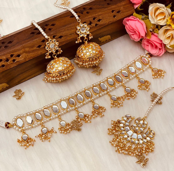 Indian Mirror Choker/Gold Green simple kundan set/pakistani necklace with jhumka tikka/Bridal nikkah jewelry/Pearl Bead white choker shisha