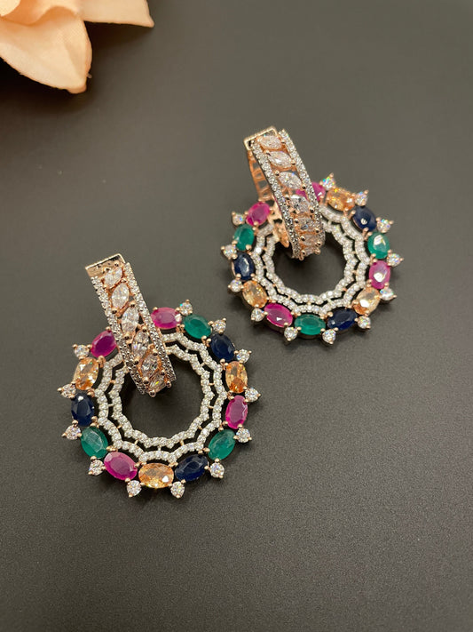 Pendiente bali redondo pequeño multicolor/Jhumka de plata rosa/Pendientes modernos indios/Pequeño pendiente esmeralda delicado/cz círculo diamante chandbali  MerakeJewelry