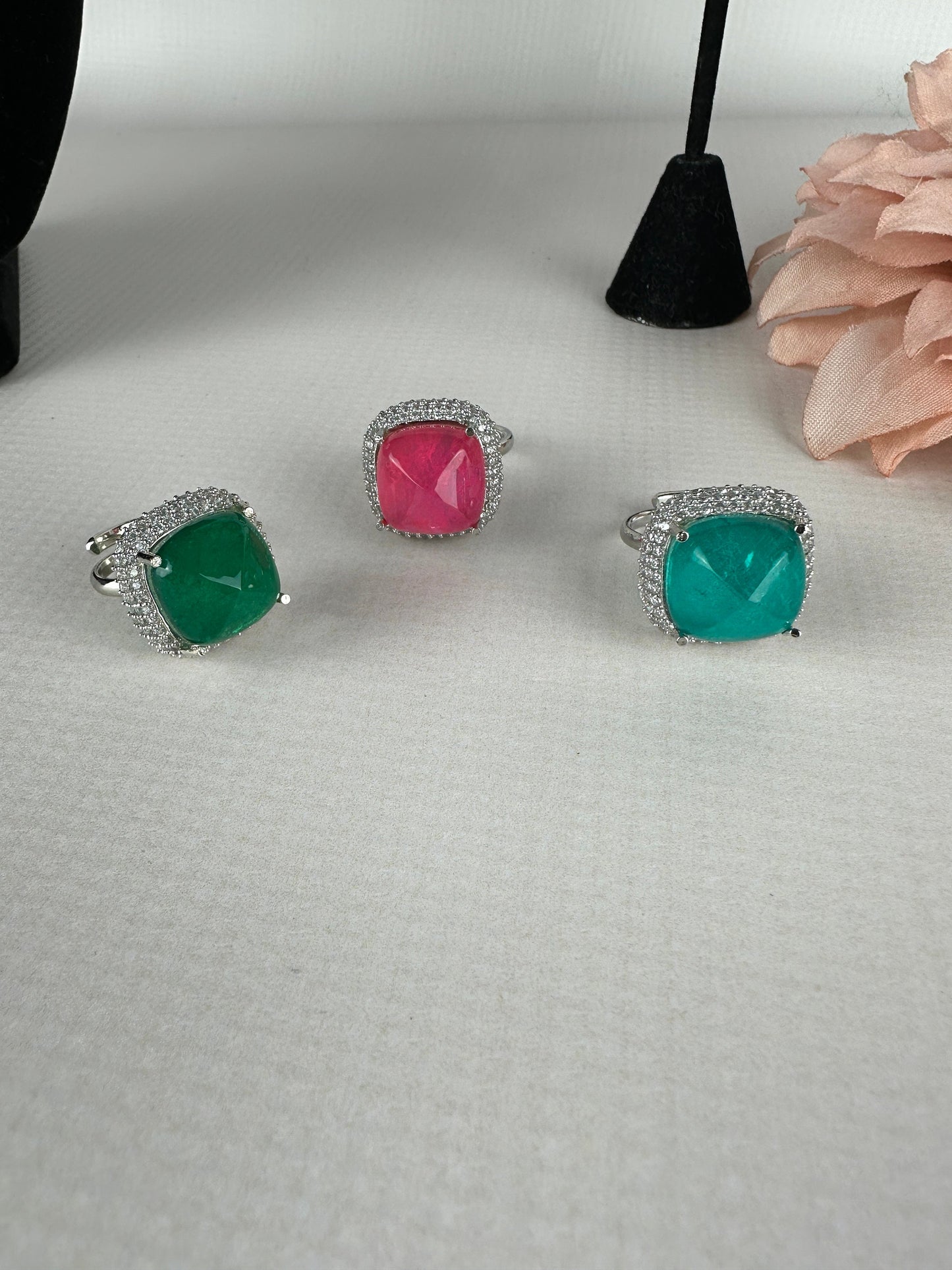 Moissanite Single Stone Ring/Emerald Green Ring/Pink Moissanite Doublet stone ring/Sabyasachi ring/Bright Semi precious Solitaire stone ring