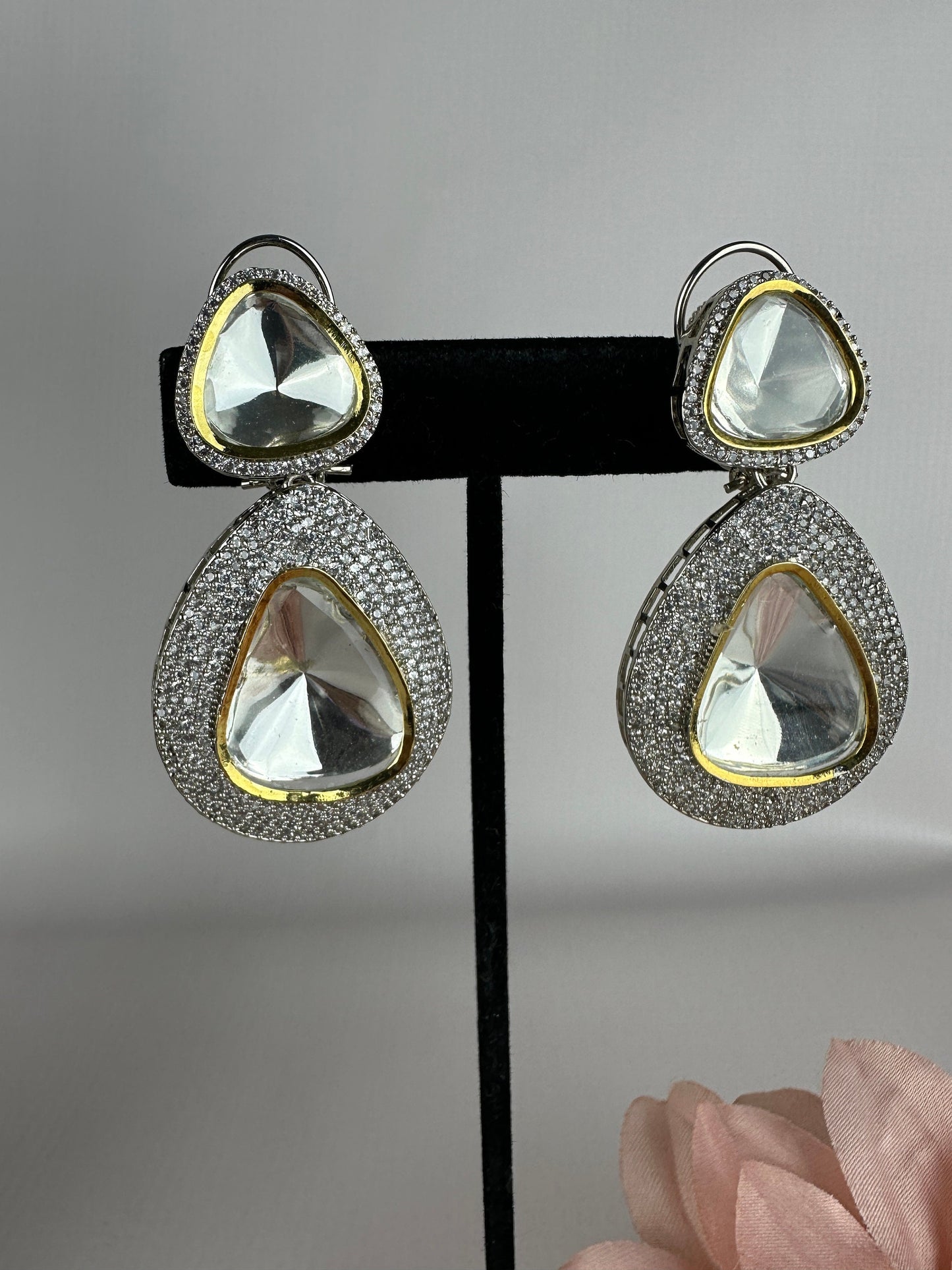 Moissanite Diamond Earrings/White Gold CZ Polki Earrings/Uncut Polki sabyasachi Jhumka/Doublet Stone earrings/Statement two stone cz earring