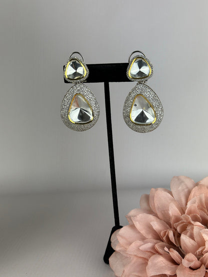 Moissanite Diamond Earrings/White Gold CZ Polki Earrings/Uncut Polki sabyasachi Jhumka/Doublet Stone earrings/Statement two stone cz earring