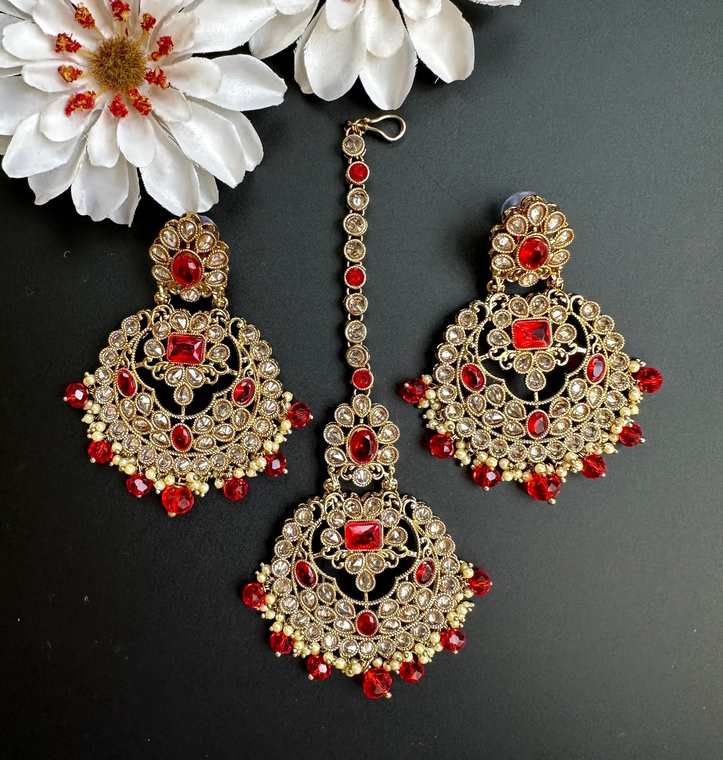 Tikka Jhumka Gold Set/Red Tikka Earring set/Multi Color Tikka Earring/Indian jewelry/Wedding jewellery/Simple Maangtikka with earirngs set