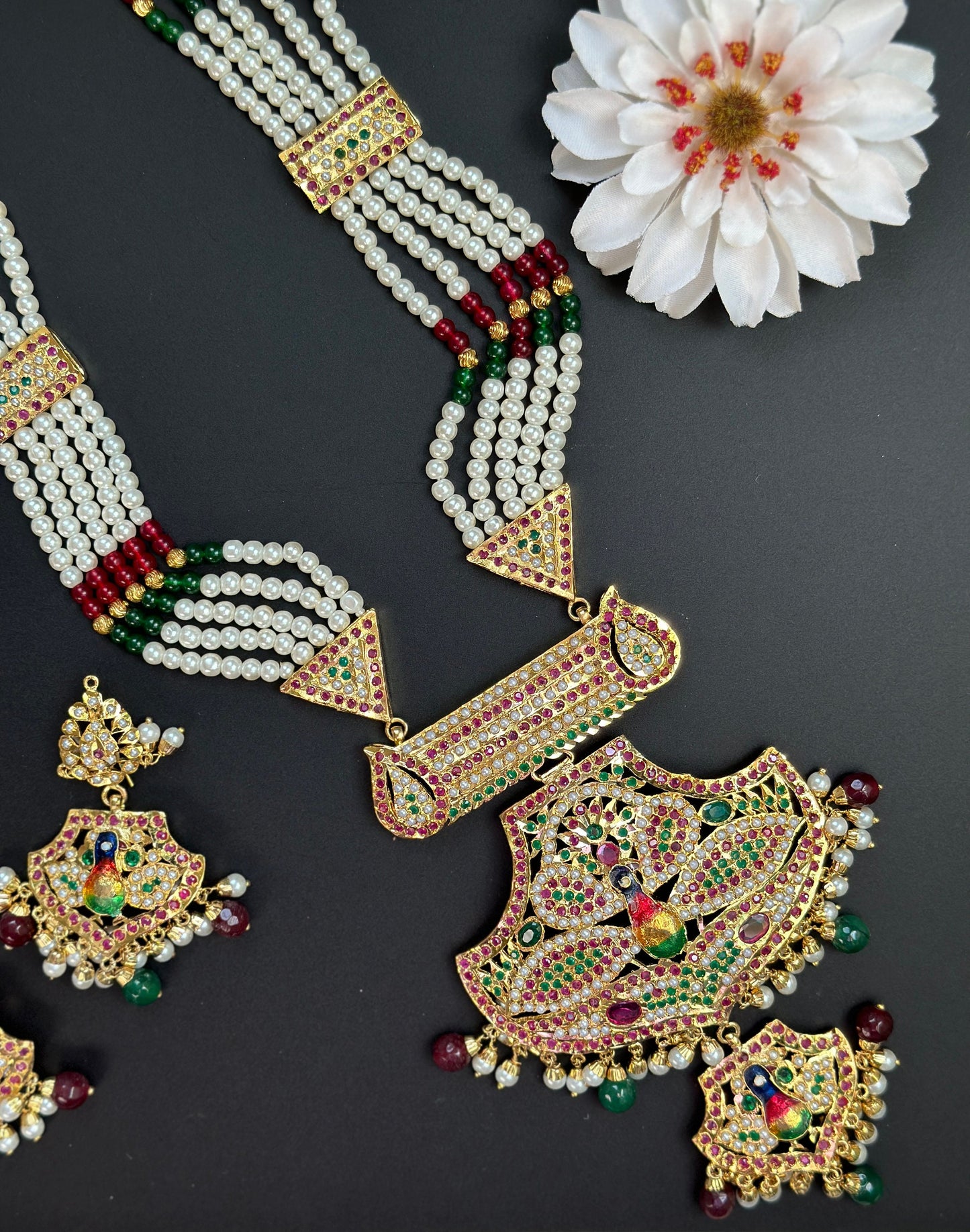 Long Jadau Pearl Necklace/Beaded Long Punjabi Necklace/Red Green Gold Long Haar/Rani Haar/traditional indian long necklace/hyderabadi set