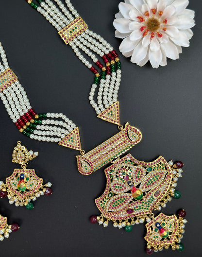 Collar largo de perlas Jadau/Collar punjabi largo con cuentas/Haar largo de oro verde rojo/Rani Haar/collar largo tradicional indio/conjunto hyderabadi