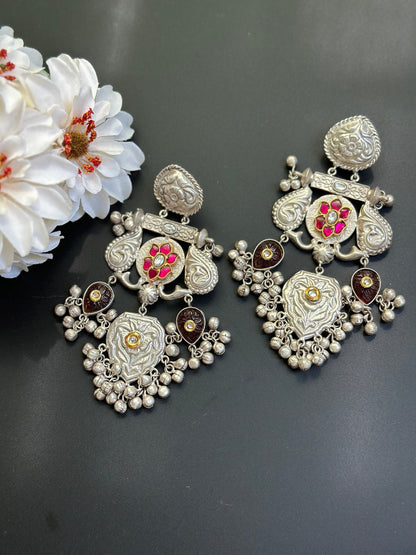 Oxidized silver earrings/oversized jhumka/Indian silver earrings/flower earring ghungroo/antique vintage silver earring/pink green earring