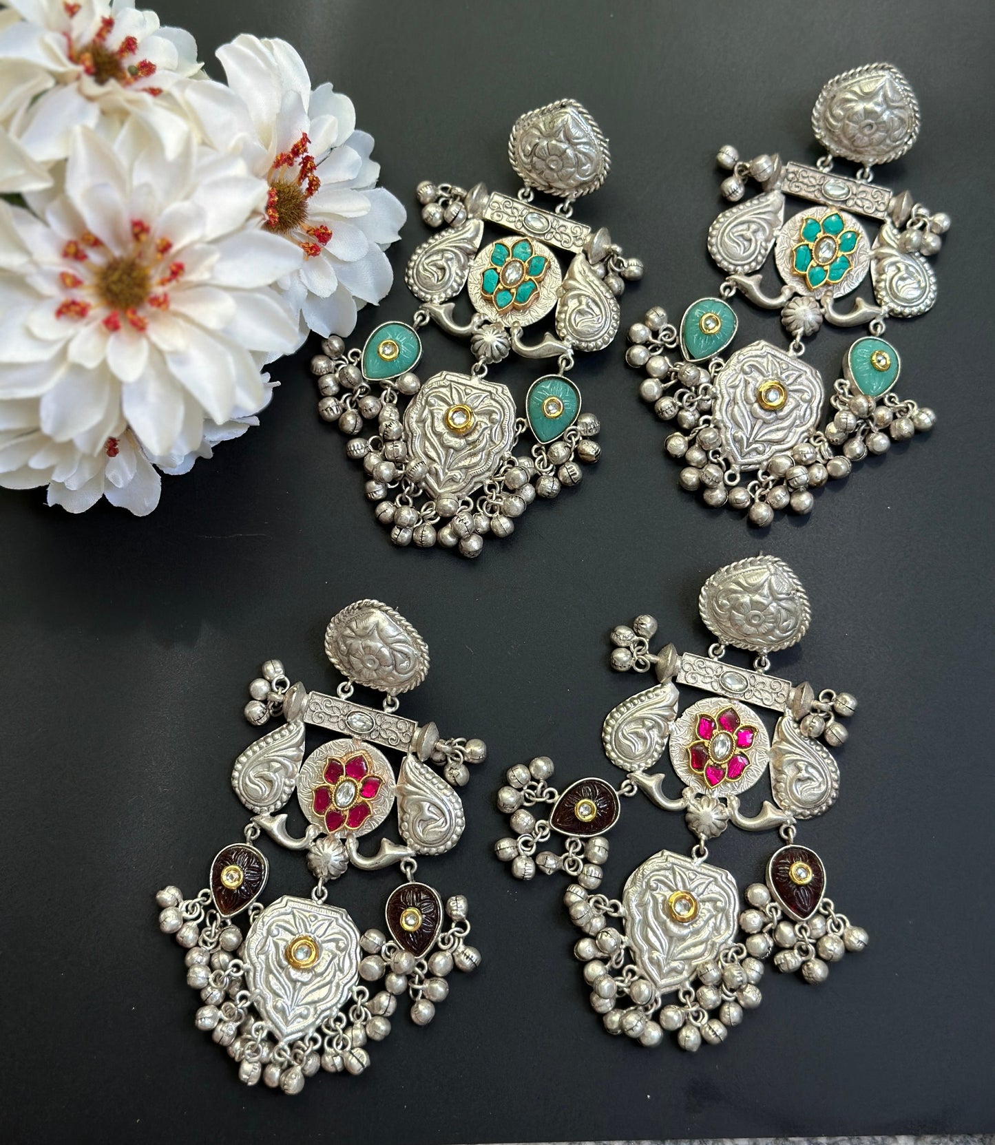 Oxidized silver earrings/oversized jhumka/Indian silver earrings/flower earring ghungroo/antique vintage silver earring/pink green earring