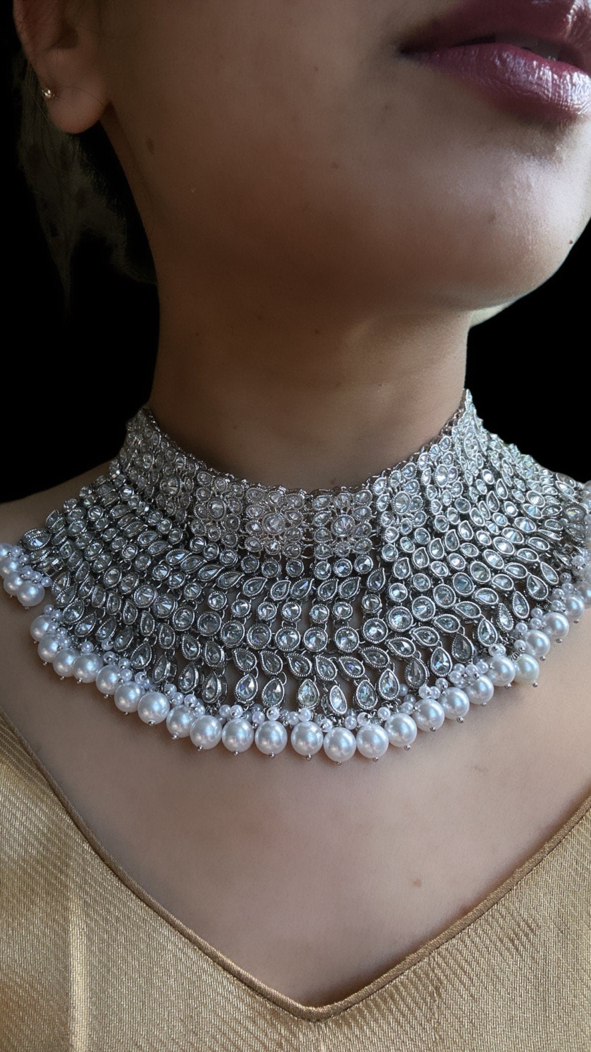 Silver and White pearl Kundan Choker