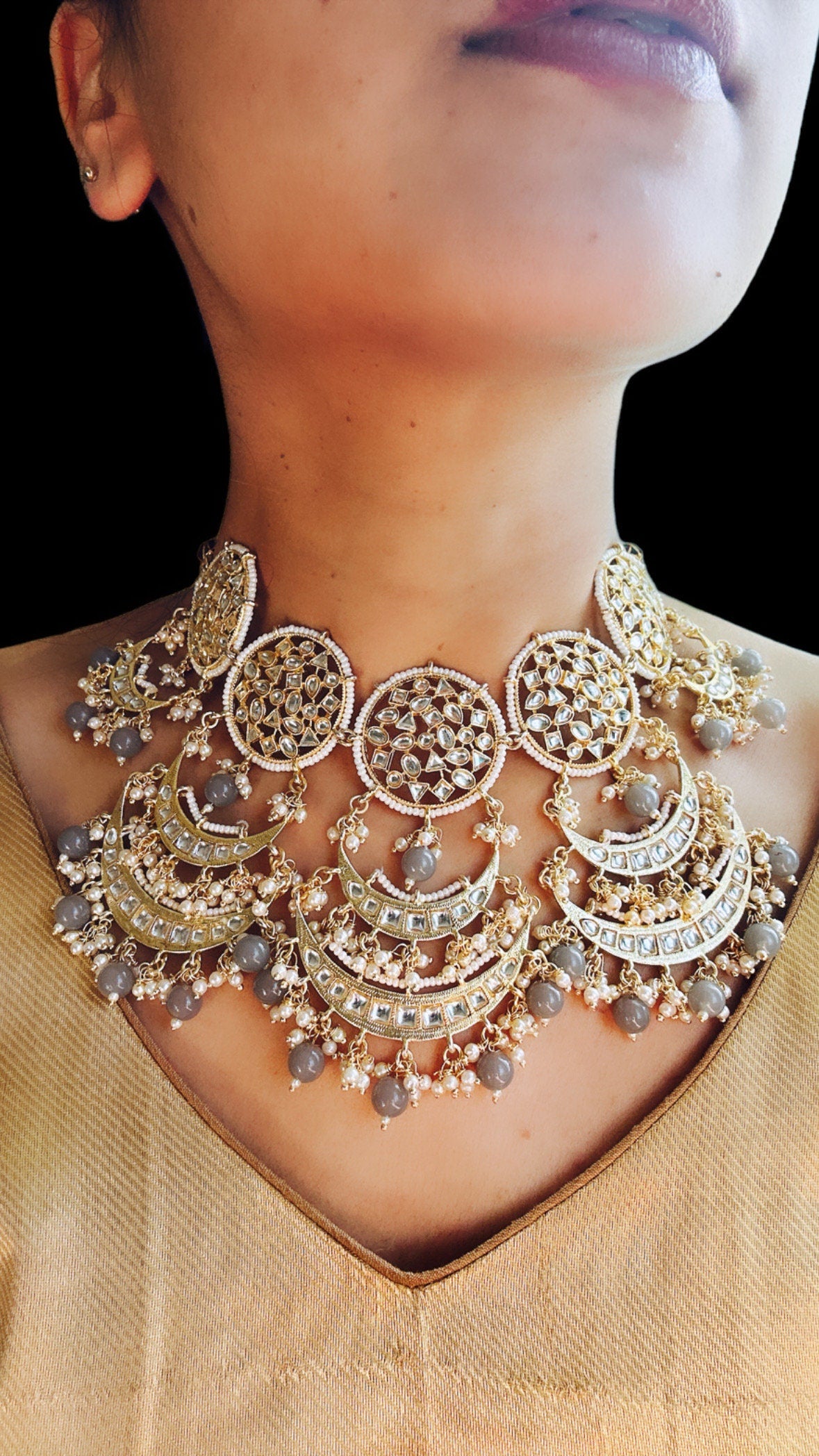 Indio simple beige nupcial/gris kundan gargantilla tikka set/Polki collar paquistaní/boda joyería semi nupcial/collar Sabyasachi chandbali