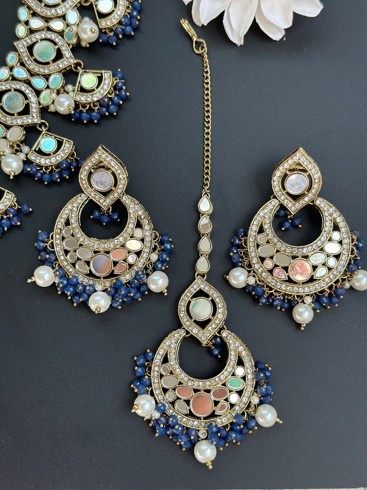 collar de espejo kundan/joyería de boda india/conjunto de joyas de espejo/collar de shisha sabyasachi/conjunto paquistaní azul azulado/conjunto de gargantilla de espejo oscuro