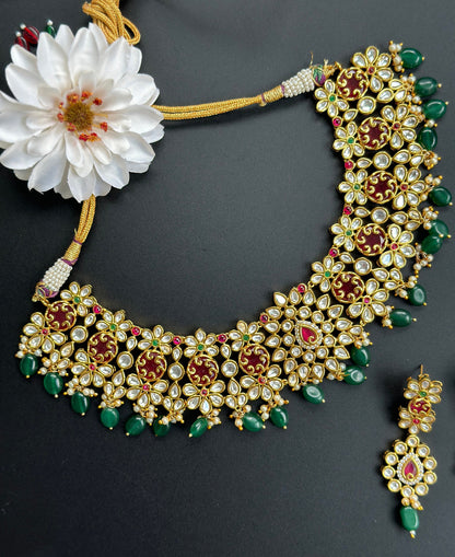 Collar de oro granate Kundan/gargantilla india con pendientes/joyería delicada de Bollywood/conjunto de gargantilla de oro rosa paquistaní/collar de boda Sabyasachi