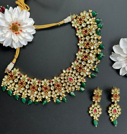 Collar de oro granate Kundan/gargantilla india con pendientes/joyería delicada de Bollywood/conjunto de gargantilla de oro rosa paquistaní/collar de boda Sabyasachi  MerakeJewelry