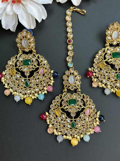Tikka Jhumka Gold Set/Red Tikka Earring set/Multi Color Tikka Earring/Indian jewelry/Wedding jewellery/Simple Maangtikka with earirngs set