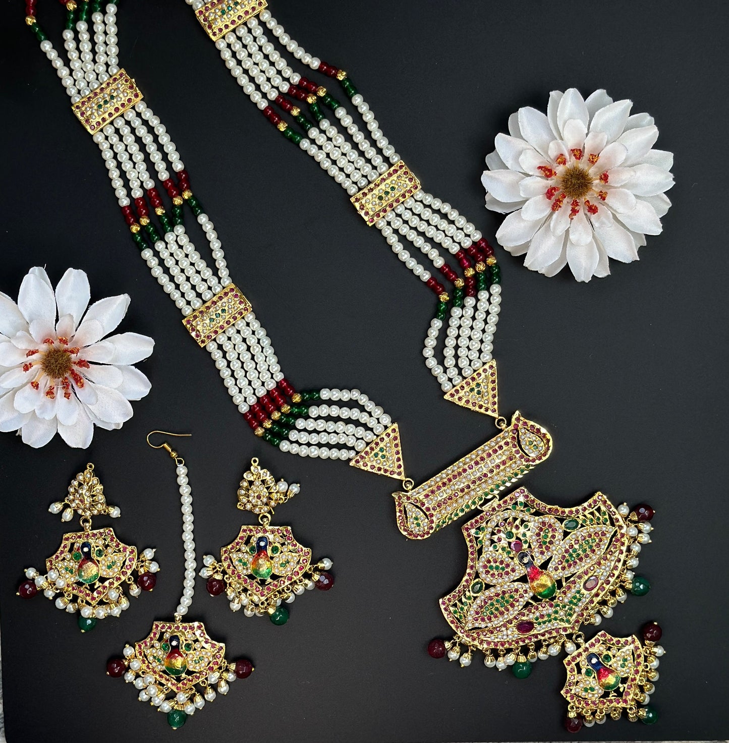 Long Jadau Pearl Necklace/Beaded Long Punjabi Necklace/Red Green Gold Long Haar/Rani Haar/traditional indian long necklace/hyderabadi set