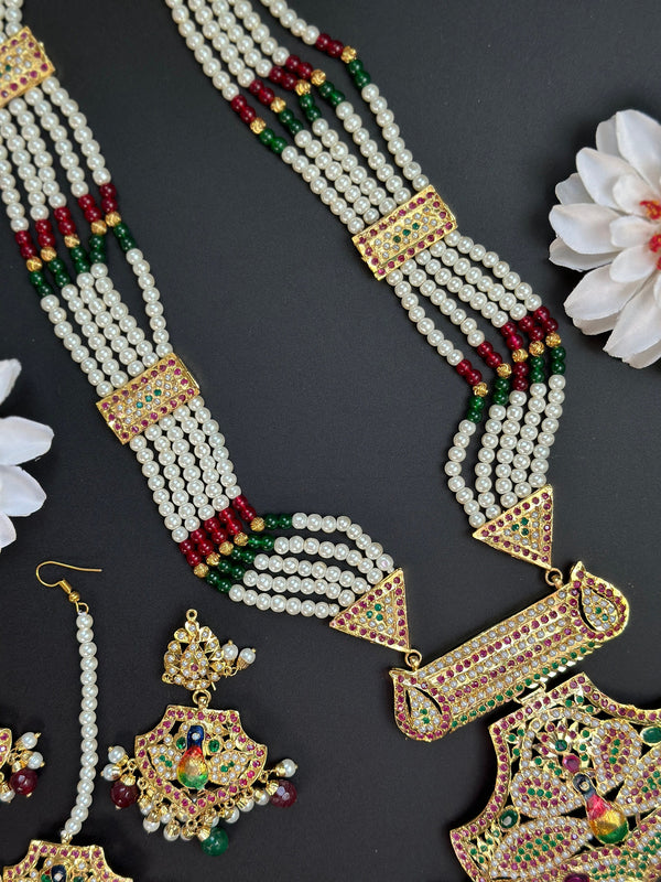 Collar largo de perlas Jadau/Collar punjabi largo con cuentas/Haar largo de oro verde rojo/Rani Haar/collar largo tradicional indio/conjunto hyderabadi