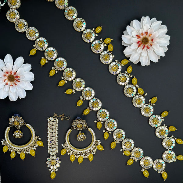Long Mirror Indian Necklace/Yellow wedding Jewelry/tikka and chandbali with long neckalce/pink punjabi wedding jewellery/multi color mirror