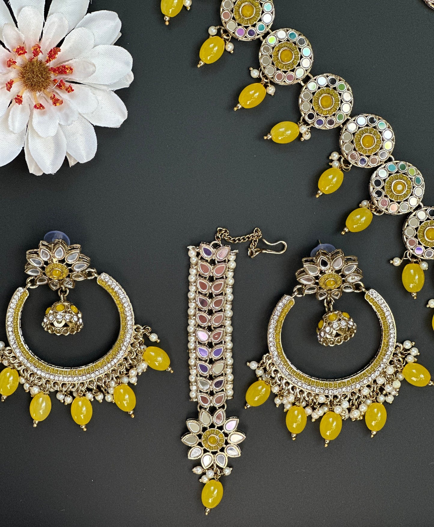 Collar indio de espejo largo/joyería de boda amarilla/tikka y chandbali con cuello largo/joyería de boda punjabi rosa/espejo multicolor