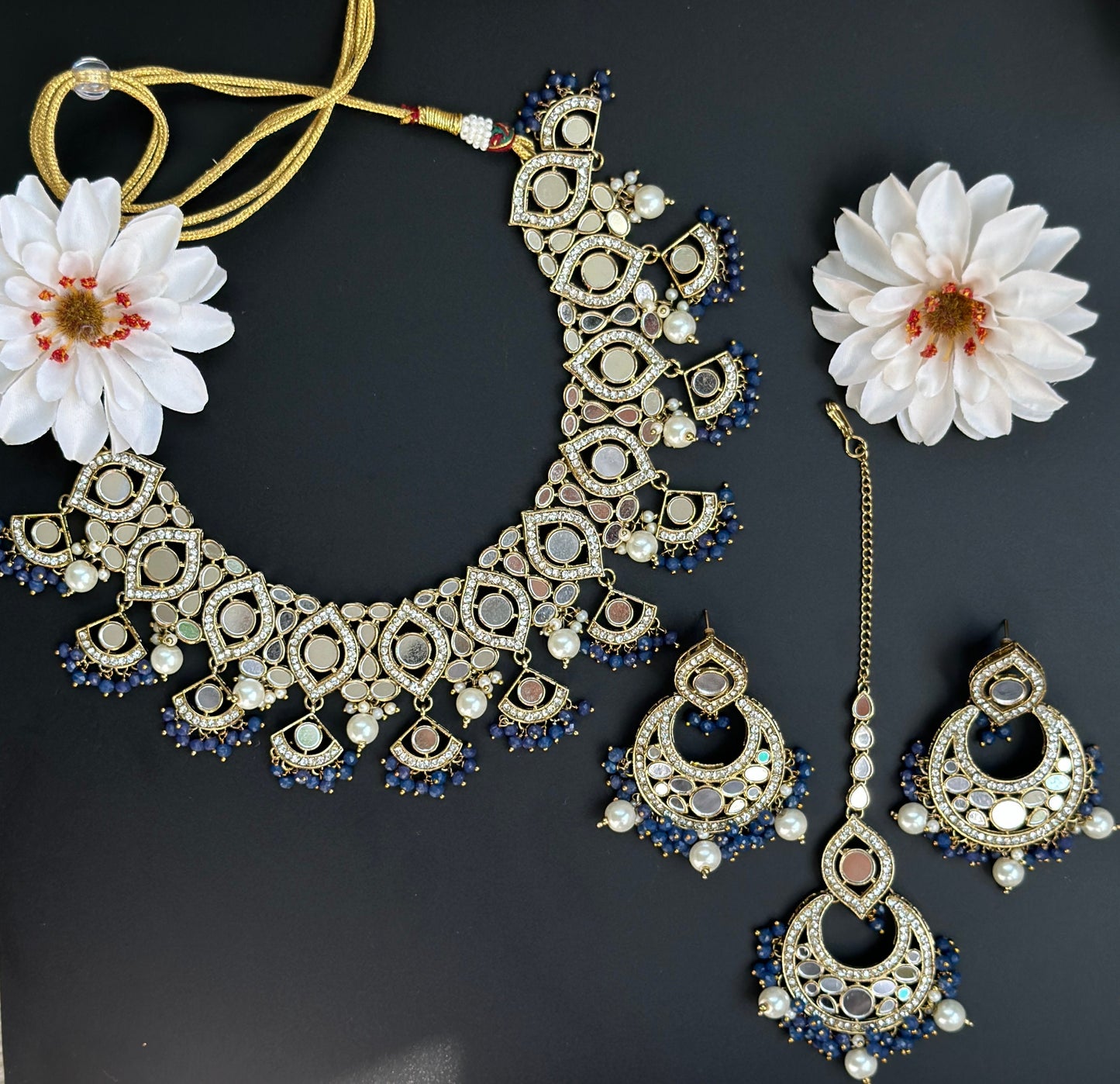 collar de espejo kundan/joyería de boda india/conjunto de joyas de espejo/collar de shisha sabyasachi/conjunto paquistaní azul azulado/conjunto de gargantilla de espejo oscuro