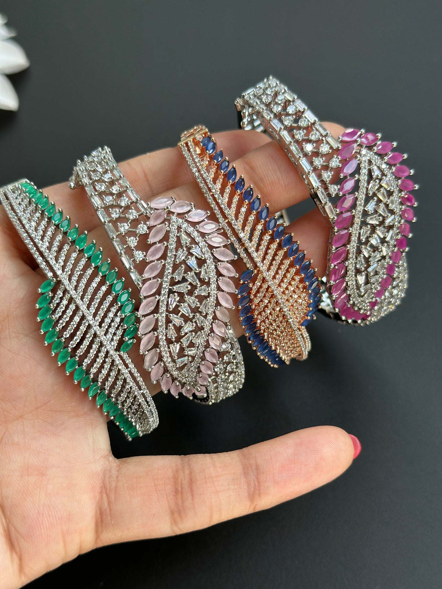 Pink Silver diamond bracelet/unique shape bracelet/jewelry gifts for her/statement kada/indian wedding bangle/reception jewelry/gold bangle